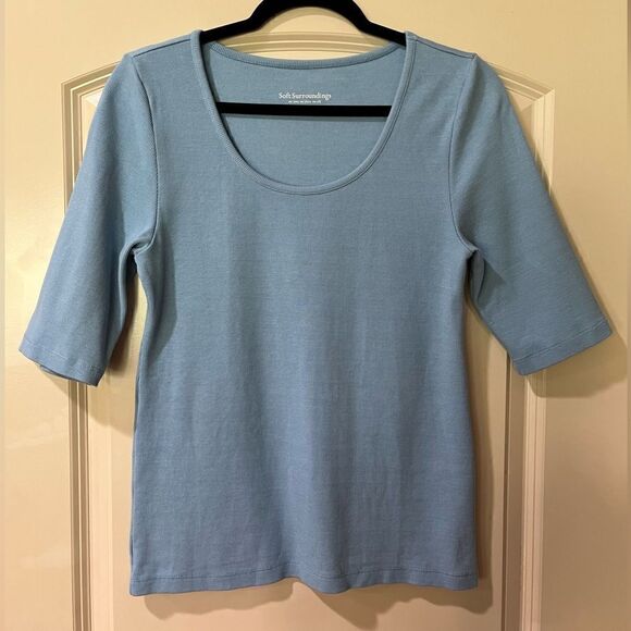 SOFT SURROUNDINGS Scoop Neck Knit Top Blue Women’s Size Medium Petite - Picture 1 of 3